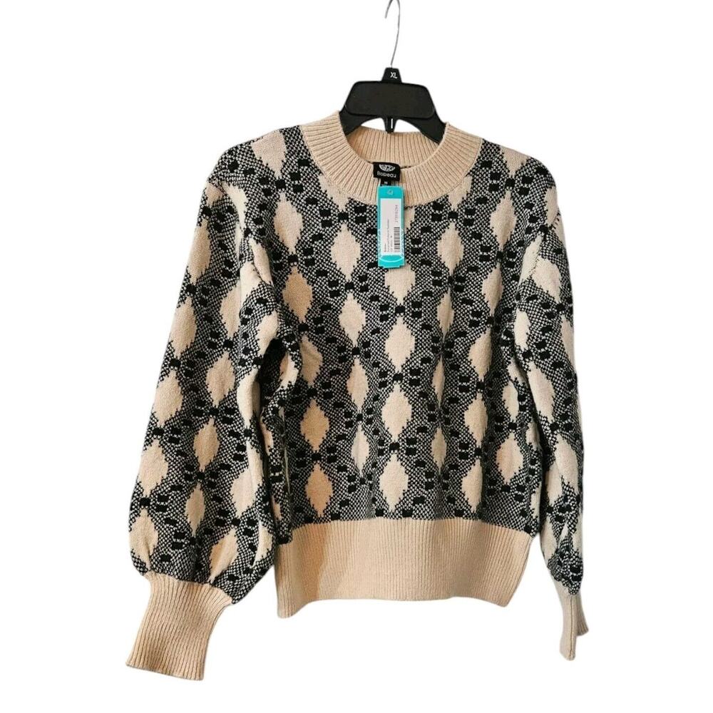 Bobeau Womens Medium Sweater Pullover TAN Black Balloon Sleeves Crew Neck NWT
